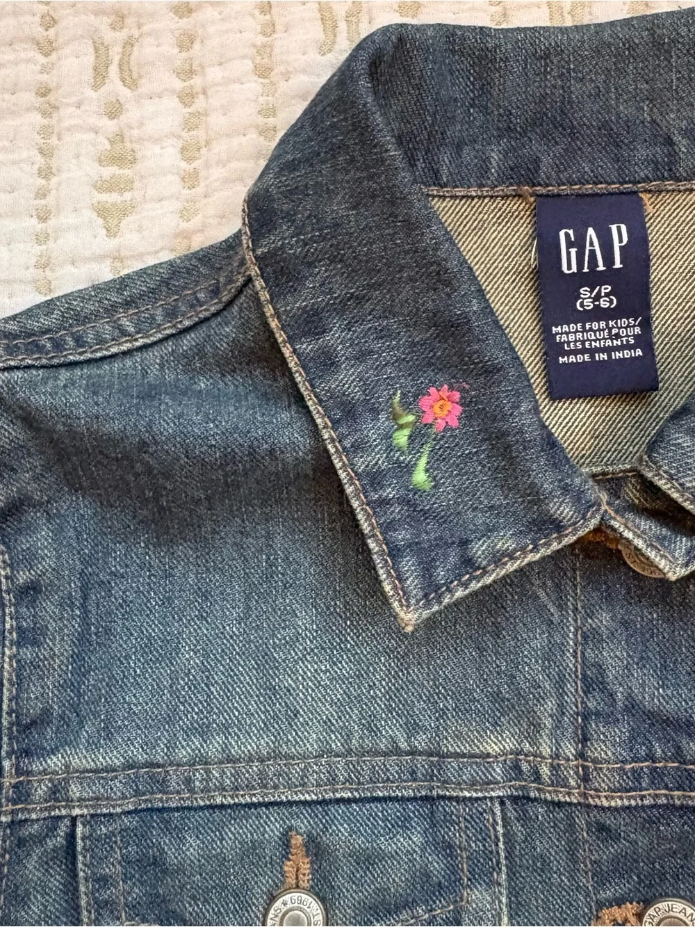 Vintage GAP Girls Denim Jean Jacket Embroidered Flowers Butterfly Size S